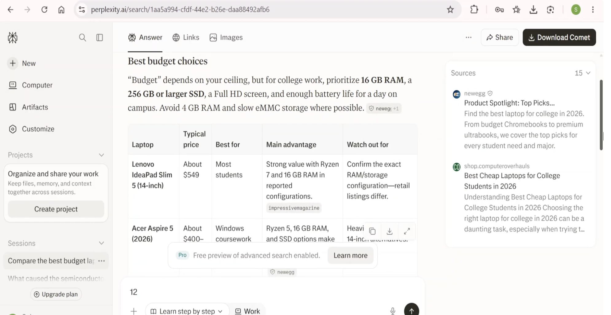 Perplexity organizing research into a report