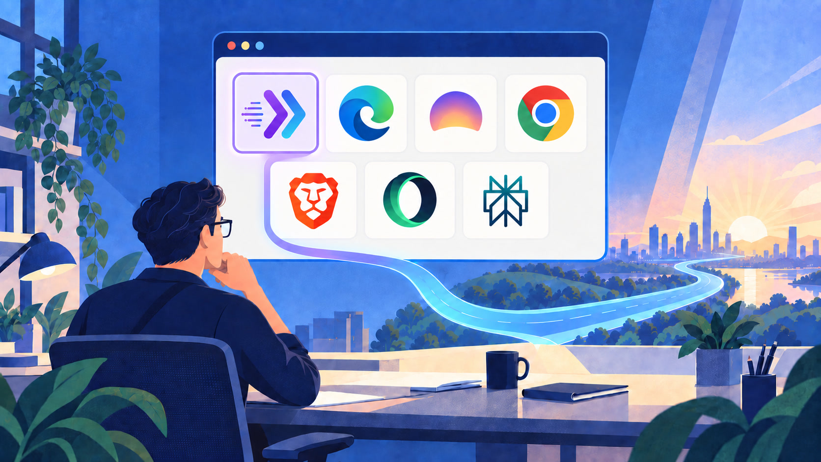 A professional comparing seven AI-browser alternatives, with IntentX selected first in a browser workspace.