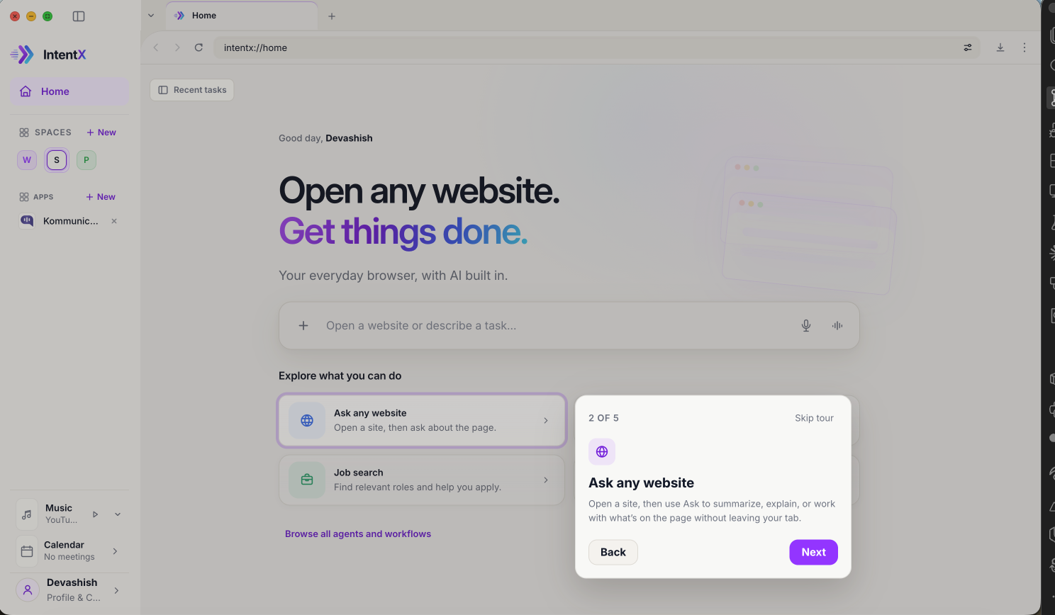 Second tour step highlighting Ask any website on the IntentX home screen, with guidance on summarizing, explaining, or working with a page.