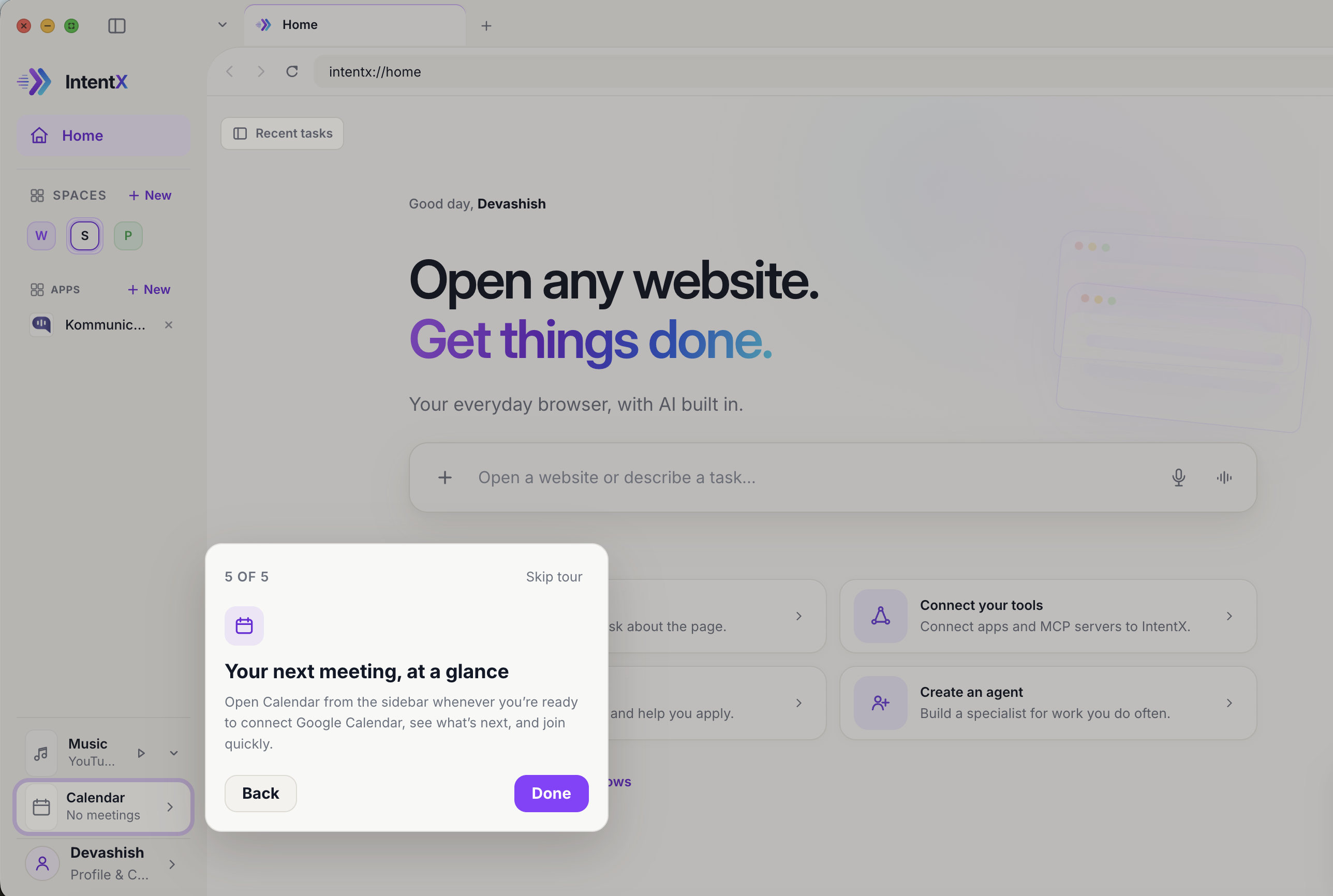Final tour step highlighting Calendar in the sidebar and explaining how connecting Google Calendar helps users see and join their next meeting.