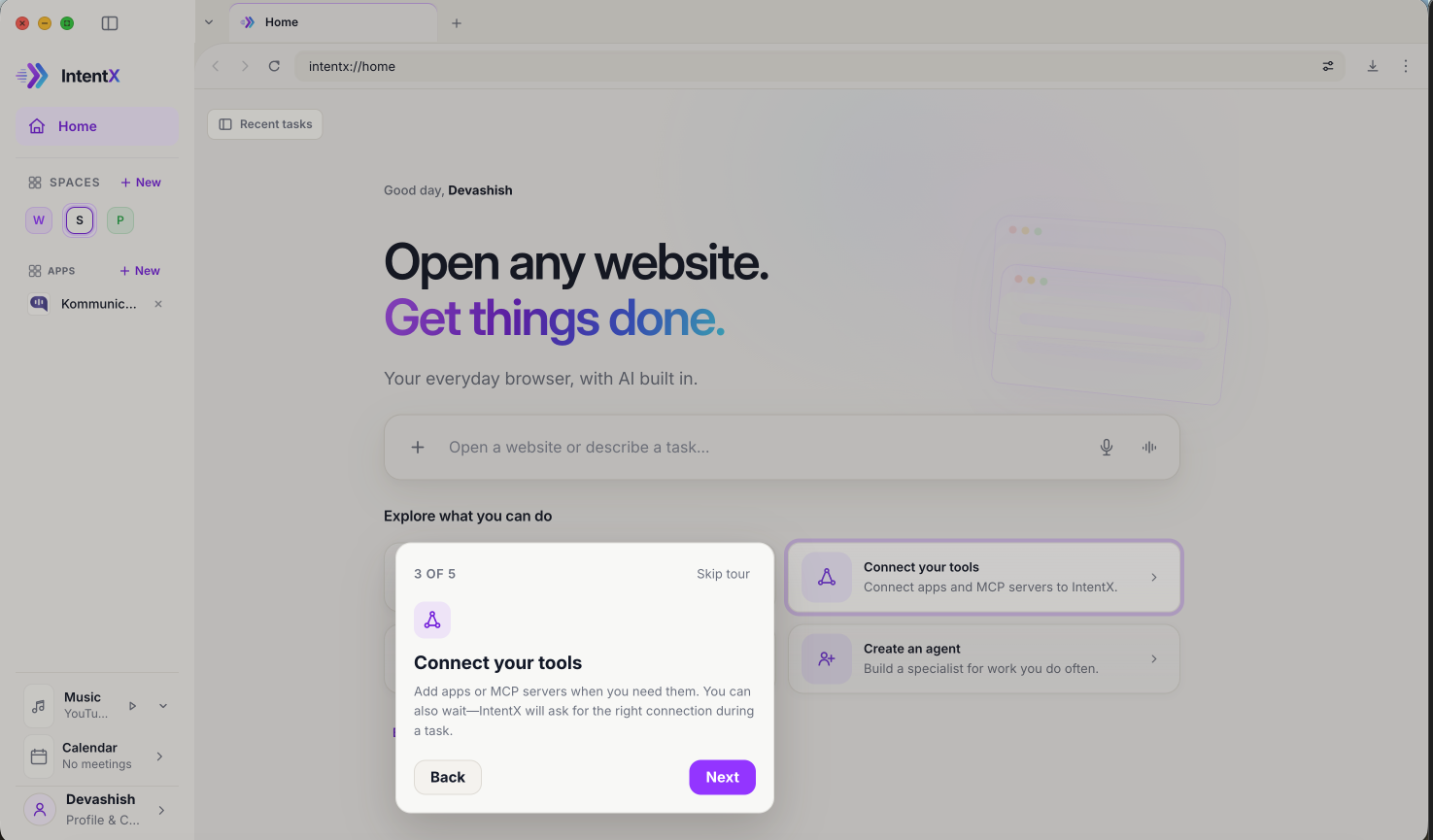 Third tour step highlighting Connect your tools and explaining that apps or MCP servers can be added when needed.