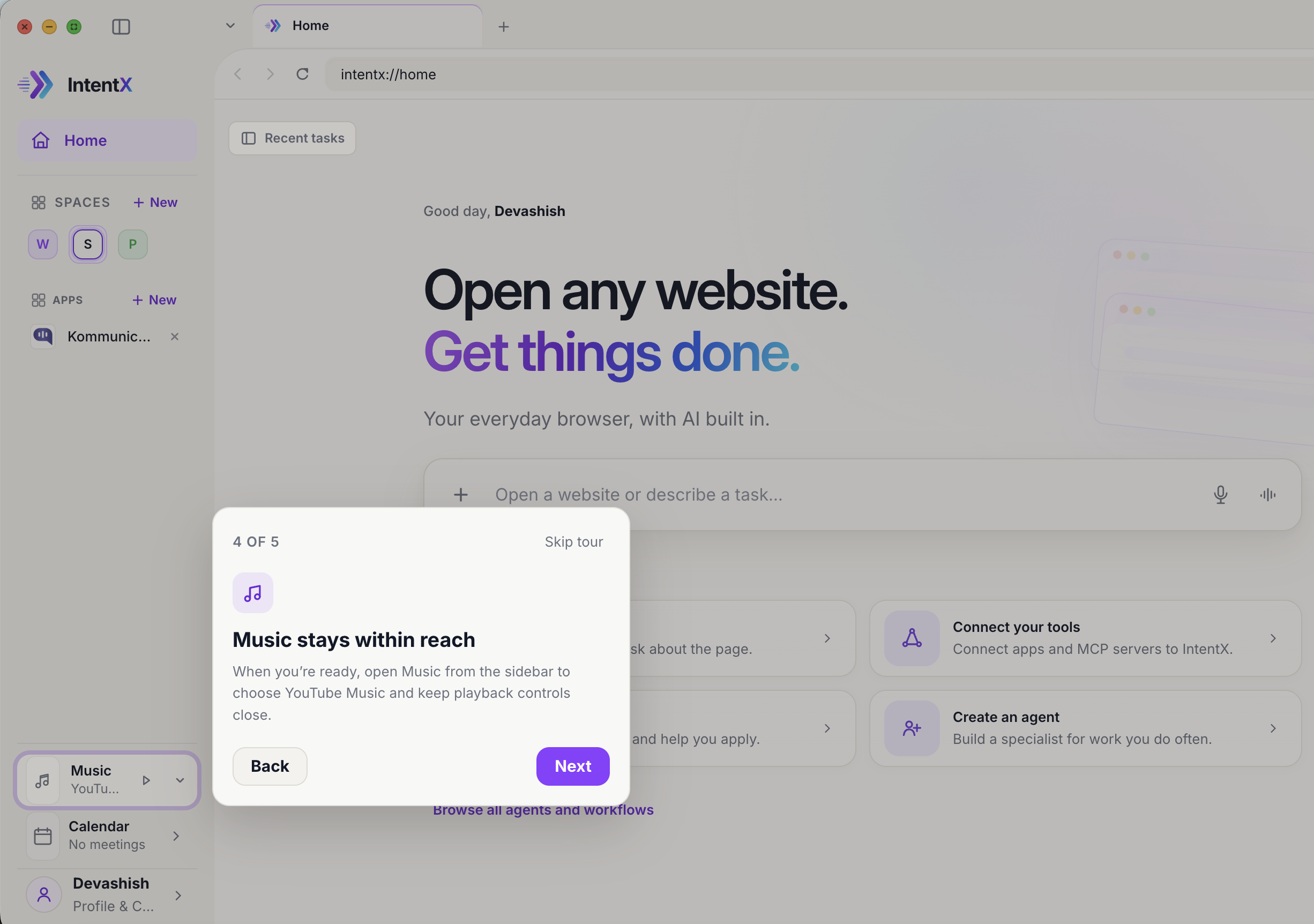 Fourth tour step highlighting Music in the sidebar and explaining how to choose YouTube Music and keep playback controls nearby.