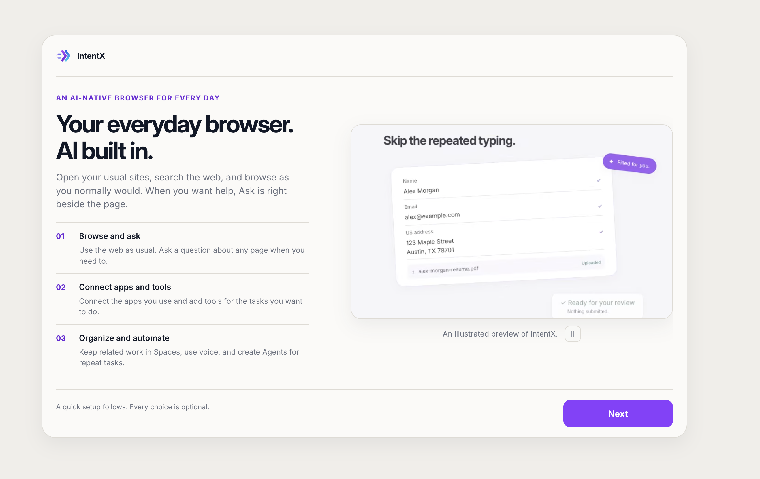 IntentX welcome screen introducing everyday browsing with AI built in, three capability groups, and an illustrated autofill preview.