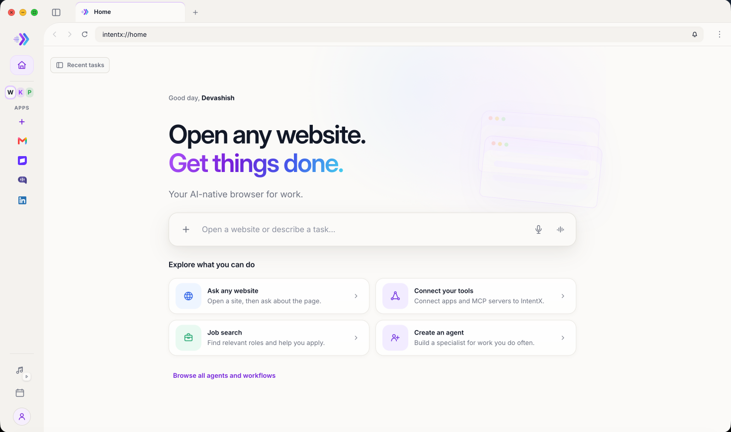 IntentX home screen with Ask any website, Connect your tools, Job search, and Create an agent workflows