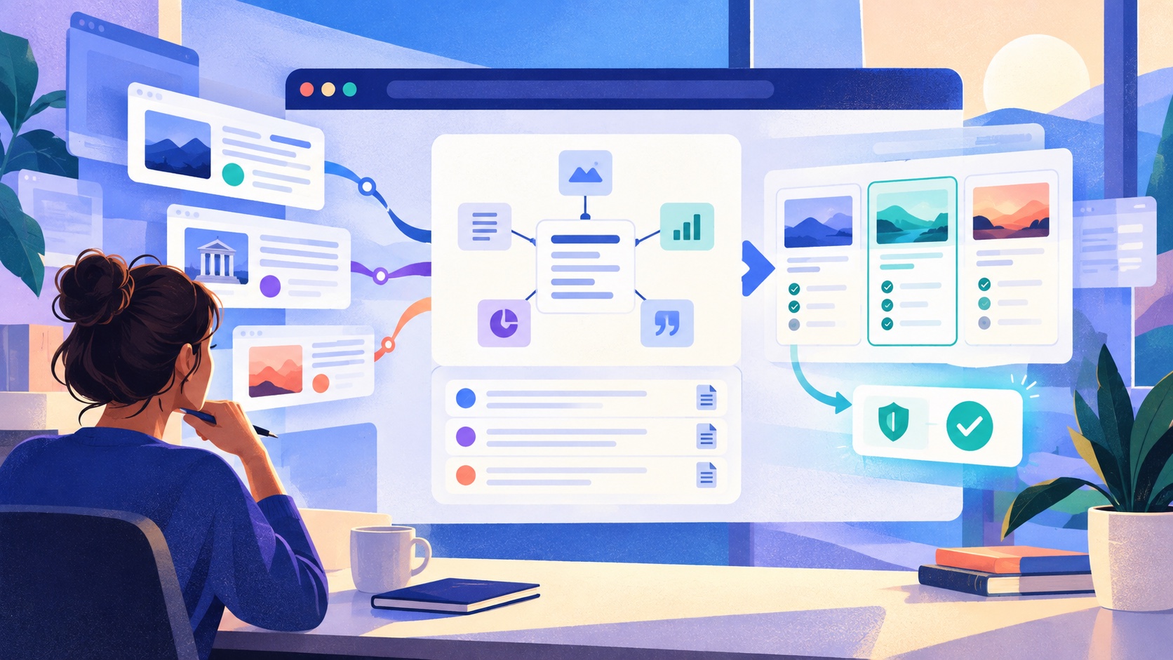 An AI-native browser connecting research sources into an evidence-backed comparison and a safe next step.