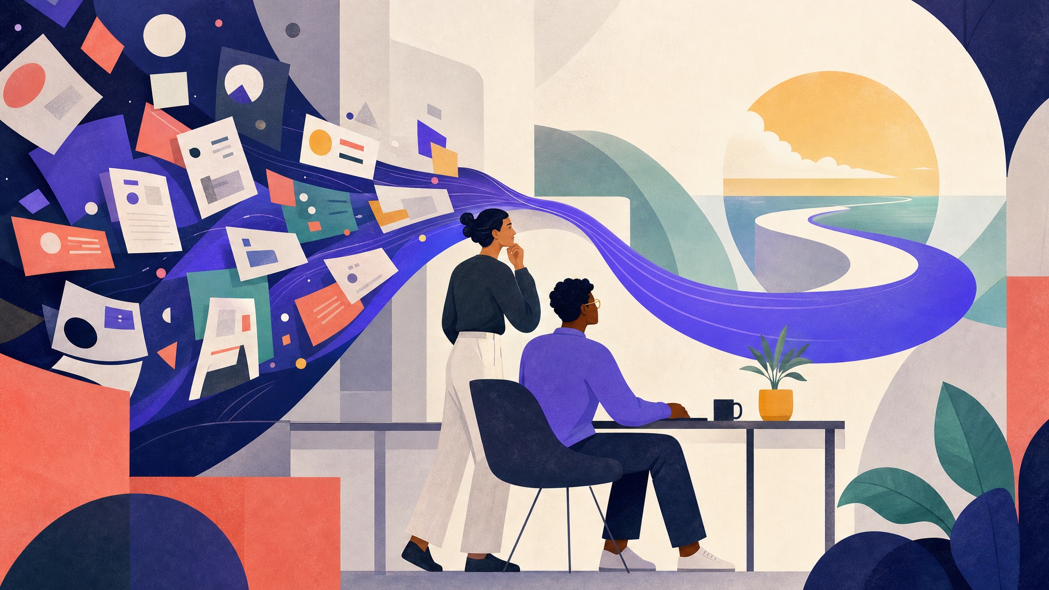Two professionals facing scattered browser tasks that gather into one clear path forward.